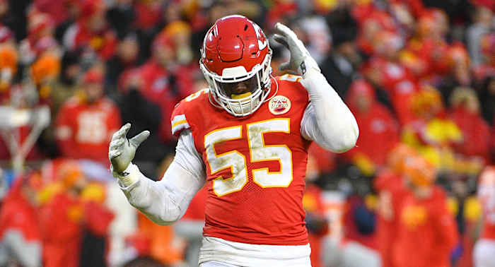 Jan 12, 2020; Kansas City, Missouri, USA; Kansas City Chiefs defensive end Frank Clark (55) dances on field during the AFC Divisional Round playoff football game against the Houston Texans at Arrowhead Stadium. Mandatory Credit: Denny Medley-USA TODAY Sports